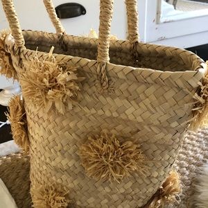 Indego Africa Straw Tote with Pom Poms